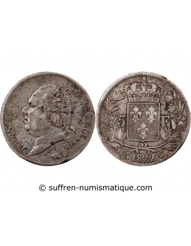 LOUIS XVIII - 5 FRANCS ARGENT 1822 W LILLE