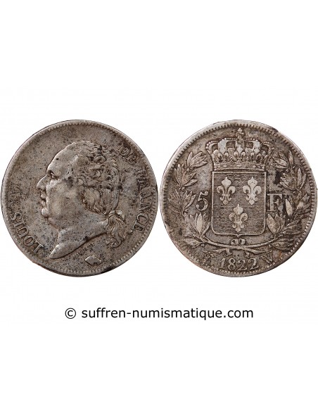 LOUIS XVIII - 5 FRANCS ARGENT 1822 W LILLE