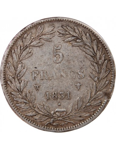 LOUIS PHILIPPE - 5 FRANCS ARGENT 1831 W LILLE "Type Tiolier, Tr creux"
