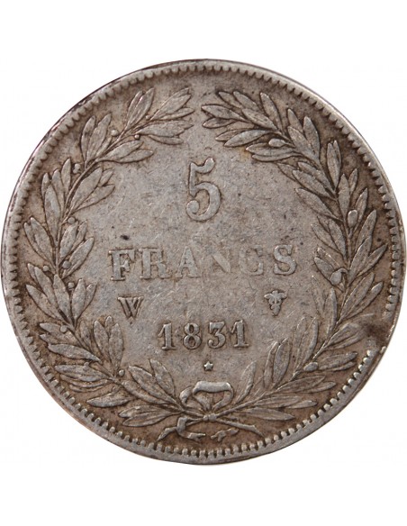 LOUIS PHILIPPE - 5 FRANCS ARGENT 1831 W LILLE "Type Tiolier, Tr creux"