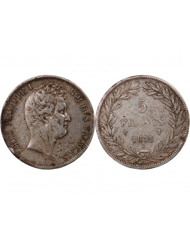 LOUIS PHILIPPE - 5 FRANCS ARGENT 1831 W LILLE "Type Tiolier, Tr creux"