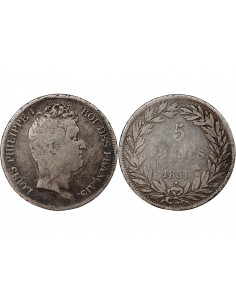 LOUIS PHILIPPE﻿ - 5 FRANCS ARGENT 1831 B ROUEN "Type Tiolier, Tr creux" 2