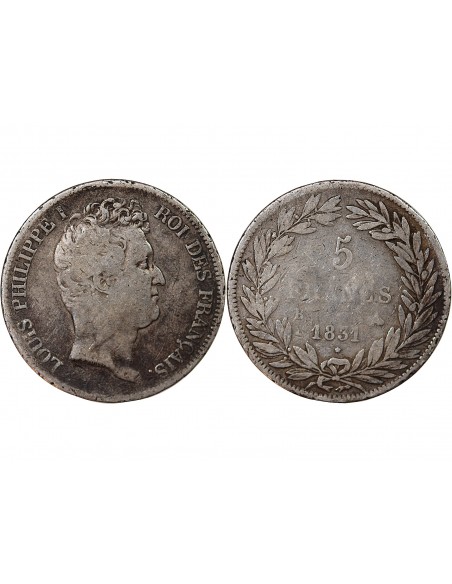 LOUIS PHILIPPE﻿ - 5 FRANCS ARGENT 1831 B ROUEN "Type Tiolier, Tr creux"
