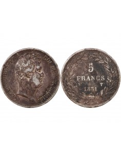 LOUIS PHILIPPE - 5 FRANCS ARGENT 1831 W LILLE "Type Tiolier, Tr creux" 2