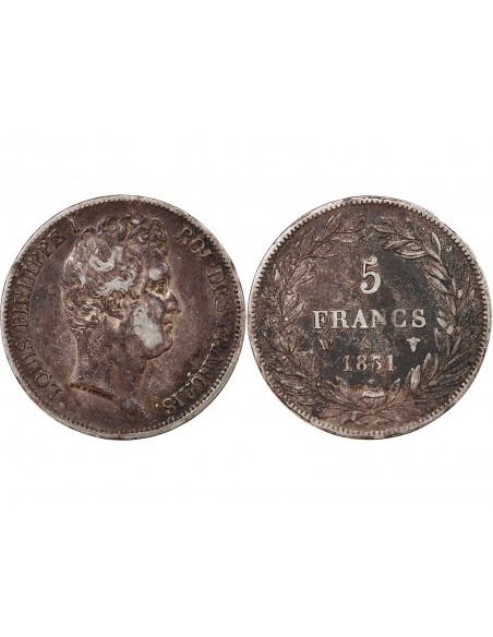 LOUIS PHILIPPE - 5 FRANCS ARGENT 1831 W LILLE "Type Tiolier, Tr creux"