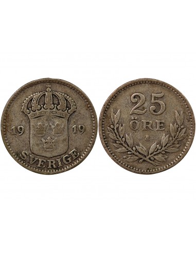 SUÈDE, GUSTAF V - 25 ÖRE ARGENT 1919 W