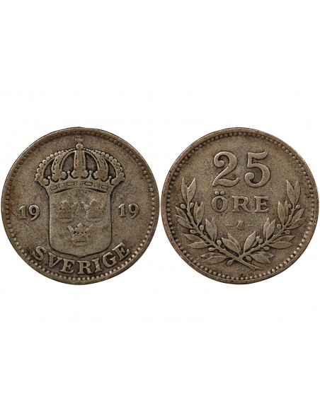 SUÈDE, GUSTAF V - 25 ÖRE ARGENT 1919 W