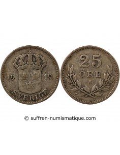 SUÈDE, GUSTAF V - 25 ÖRE ARGENT 1919 W