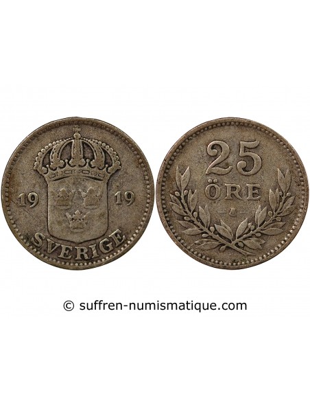 SUÈDE, GUSTAF V - 25 ÖRE ARGENT 1919 W