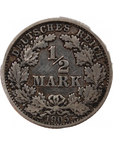 ALLEMAGNE, WILHELM II - 1/2 MARK ARGENT 1905 F STUTTGART