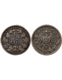ALLEMAGNE, WILHELM II - 1/2 MARK ARGENT 1905 F STUTTGART 2