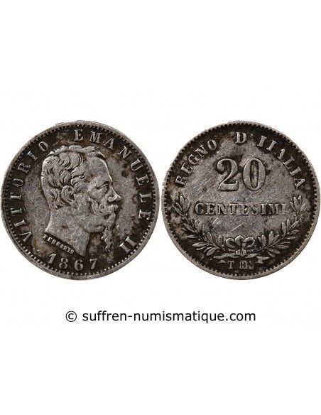 ITALIE, VICTOR EMMANUEL II - 20 CENTESIMI ARGENT 1867 T TURIN