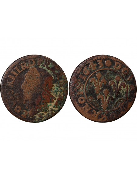 LOUIS XIII - DOUBLE TOURNOIS 1643 F FLEURS - Type Warin