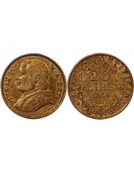 VATICAN, PIE IX - 20 LIRE OR 1869 ROME AN XXIV