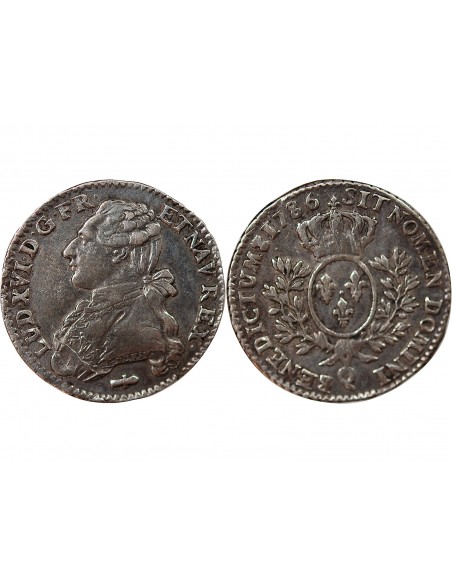 LOUIS XVI - 1/5 ECU ARGENT AUX BRANCHES D'OLIVIER 1786 Q PERPIGNAN
