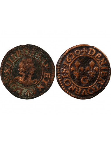LOUIS XIII - DENIER TOURNOIS 1620 G POITIERS