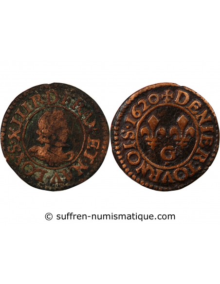 LOUIS XIII - DENIER TOURNOIS 1620 G POITIERS