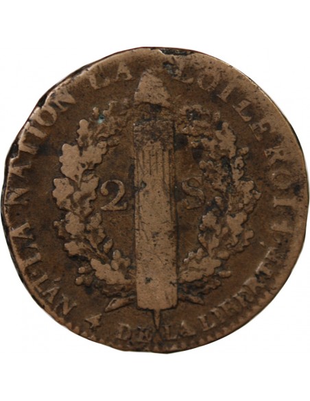 LOUIS XVI, CONSTITUTION - 2 SOLS ROI DES FRANCOIS 1792 W° ARRAS