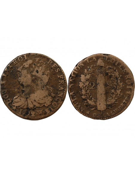 LOUIS XVI, CONSTITUTION - 2 SOLS ROI DES FRANCOIS 1792 W° ARRAS