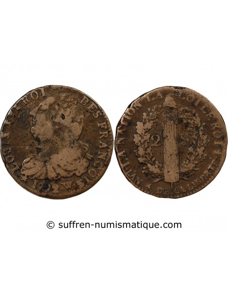 LOUIS XVI, CONSTITUTION - 2 SOLS ROI DES FRANCOIS 1792 W° ARRAS