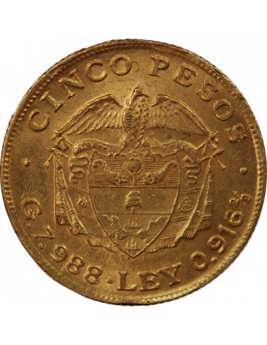 COLOMBIE - 5 PESOS OR 1919 "Simon Bolivar"