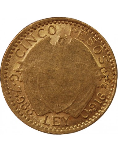 COLOMBIE - 5 PESOS OR 1919 "Tailleur de Pierre"