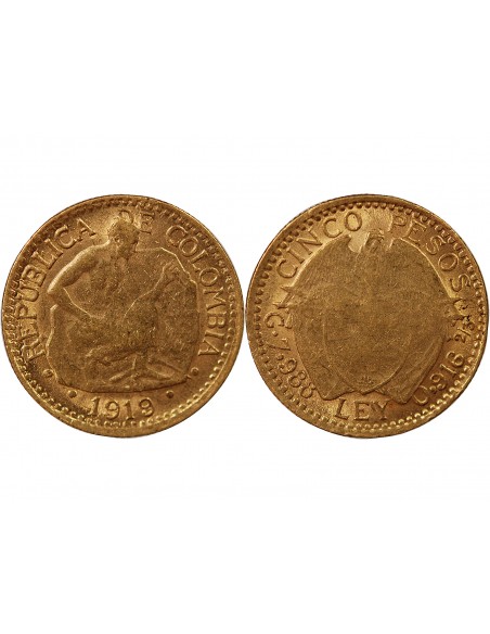 COLOMBIE - 5 PESOS OR 1919 "Tailleur de Pierre"