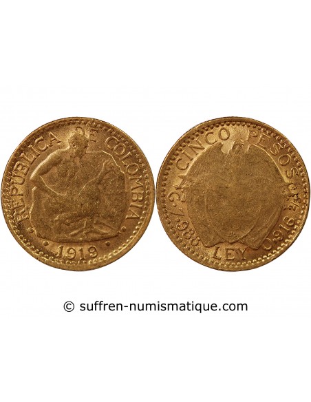 COLOMBIE - 5 PESOS OR 1919 "Tailleur de Pierre"
