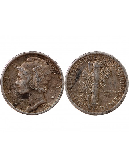 USA - 10 CENTS ARGENT "Mercury Dime" 1918 PHILADELPHIE