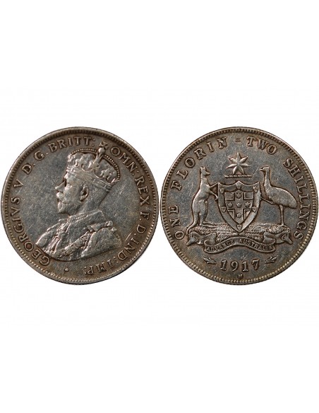 AUSTRALIE, GEORGE V - FLORIN ARGENT 1917 M MELBOURNE