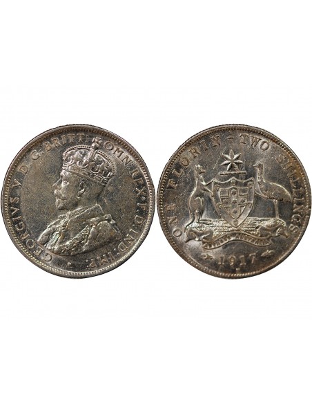 AUSTRALIE, GEORGE V - FLORIN ARGENT 1917 M MELBOURNE