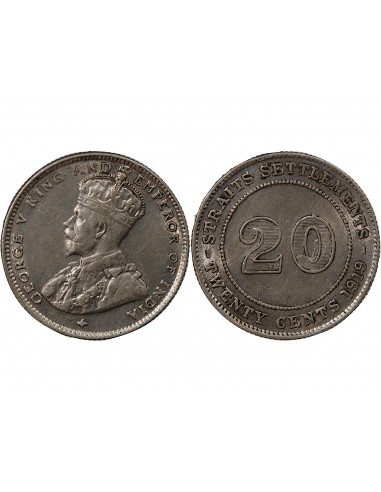 ETABLISSEMENTS DES DETROITS, GEORGE V - 20 CENTS 1919 B BOMBAY