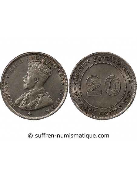 ETABLISSEMENTS DES DETROITS, GEORGE V - 20 CENTS 1919 B BOMBAY