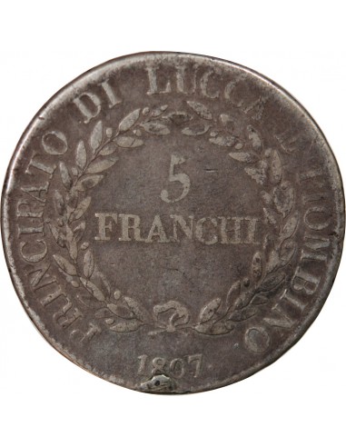 ITALIE, REPUBLIQUE DE LUCQUES, FELIX ET ELISA - 5 FRANCHI ARGENT 1807