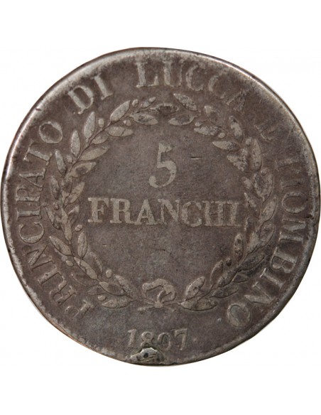 ITALIE, REPUBLIQUE DE LUCQUES, FELIX ET ELISA - 5 FRANCHI ARGENT 1807
