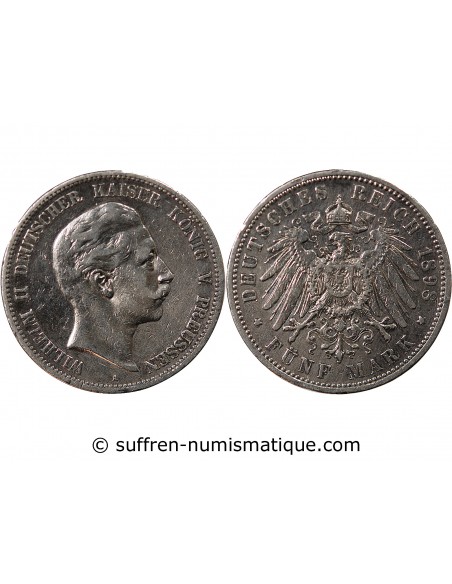 ALLEMAGNE, PRUSSE, WILHELM II - 5 MARK ARGENT 1898 A BERLIN