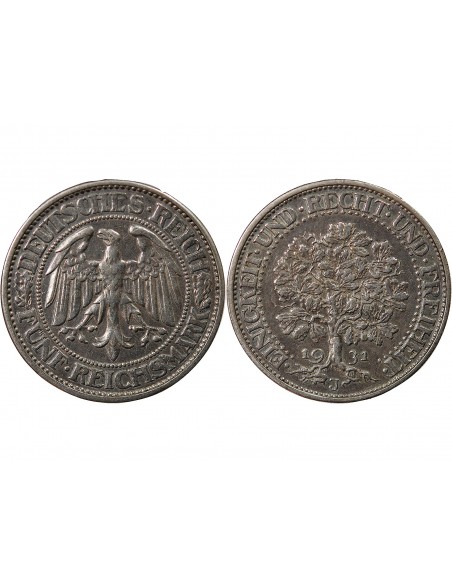 ALLEMAGNE, REPUBLIQUE DE WEIMAR - 5 REICHSMARK ARGENT 1931 J HAMBOURG