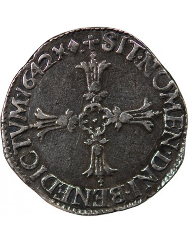 LOUIS XIII - 1/4 ECU AU REVERS A LA CROIX FEUILLUE, 1642 AIX EN PROVENCE R3