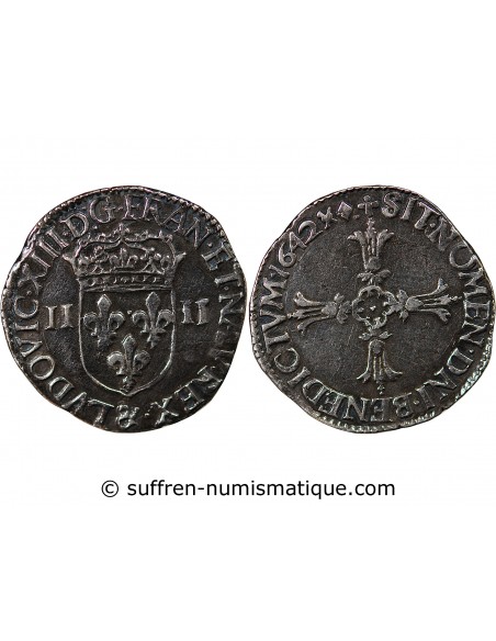 LOUIS XIII - 1/4 ECU AU REVERS A LA CROIX FEUILLUE, 1642 AIX EN PROVENCE R3