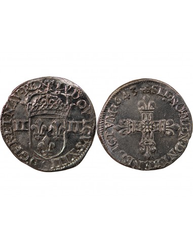 LOUIS XIII - 1/4 ECU ARGENT  AU REVERS A LA CROIX FLEURDELISEE 1643 9 RENNES R1