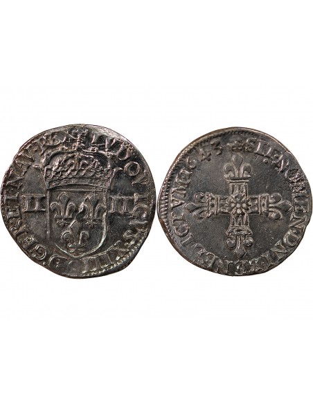 LOUIS XIII - 1/4 ECU ARGENT  AU REVERS A LA CROIX FLEURDELISEE 1643 9 RENNES R1