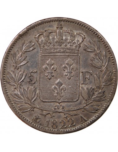 LOUIS XVIII - 5 FRANCS ARGENT 1822 A PARIS