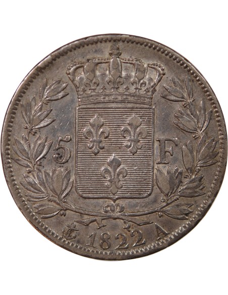 LOUIS XVIII - 5 FRANCS ARGENT 1822 A PARIS