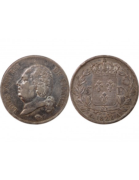 LOUIS XVIII - 5 FRANCS ARGENT 1822 A PARIS