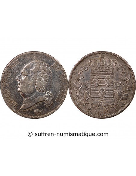 LOUIS XVIII - 5 FRANCS ARGENT 1822 A PARIS
