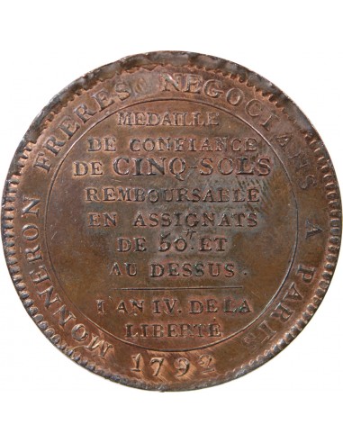 MONNAIE DE CONFIANCE - MONNERON 5 SOLS AU SERMENT, 2e TYPE 1792 AN IV