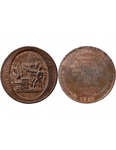 MONNAIE DE CONFIANCE - MONNERON 5 SOLS AU SERMENT, 2e TYPE 1792 AN IV