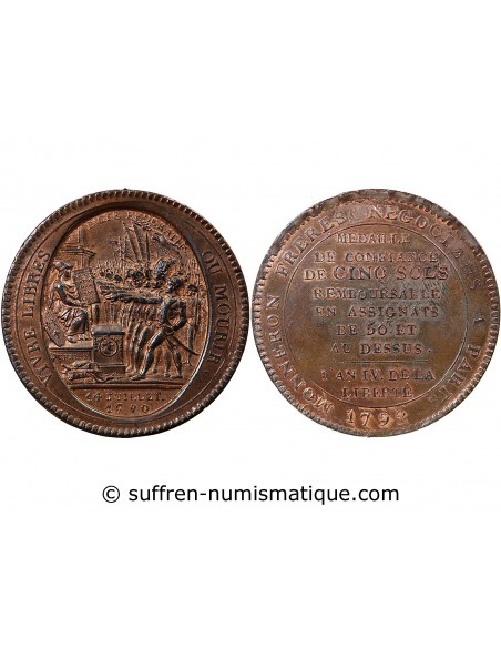 MONNAIE DE CONFIANCE - MONNERON 5 SOLS AU SERMENT, 2e TYPE 1792 AN IV