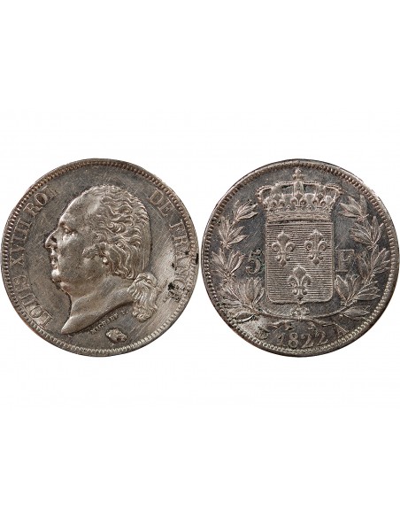 LOUIS XVIII - 5 FRANCS ARGENT 1822 A PARIS