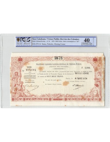 NOUVELLE CALEDONIE, TRESOR PUBLIC - 2000 FRANCS 1878 - PCGS XF 40